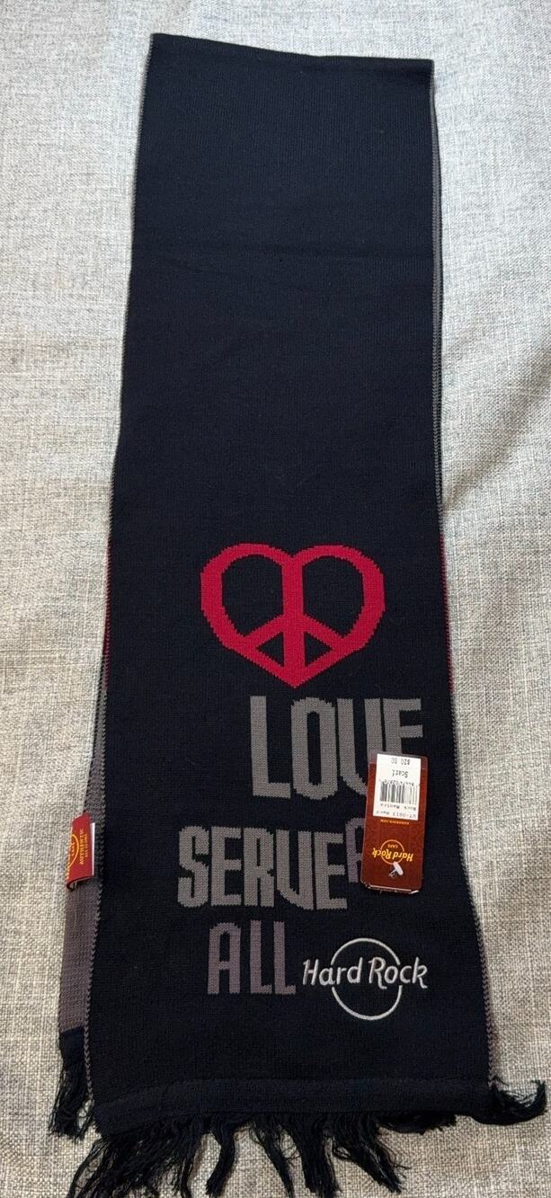 Hard Rock Cafe Love Serve All Scarf NWT Black Gray Red Peace Heart Fringe
